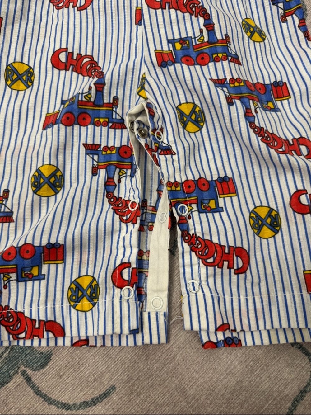 Kids Striped Cotton Romper Red Train Print Handmade Vintage - Picture 2 of 7